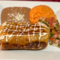 Grilled Chimichanga · Stuffed with steak or chicken, 3 cheese, Pico de Gallo, and sour cream. Served with rice, be...
