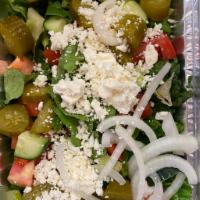 Mediterranean Salad · Mix veggies come with tomatoes, cucumber, pickle cucumber, onions, olives, feta cheese with ...