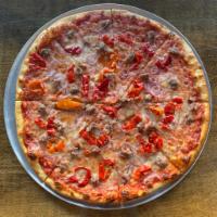 Joe Louis Pie · Mama lil's peppers, red onion, Italian sausage, on a smoked mozzarella and tomato sauce base.