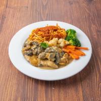 Pollo Marsala · Chicken sauteed in Marsala and mushroom. Served with a side of pasta marinara and mix vegeta...