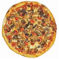 Vin Monster Pizza · Pepperoni, Italian sausage, mushrooms, & Kalamata olives.