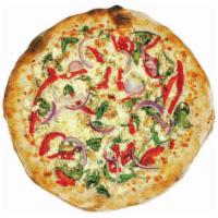 The Popeye Pizza · Oil base with fresh spinach, roasted garlic, feta cheese, roasted red peppers, & red onions.