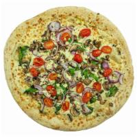 Garden Alfredo Pizza · Alfredo sauce, fresh spinach, mushrooms, red onions, tomatoes, & feta cheese.