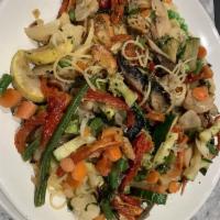 Capellini Primavera · Zucchini, cauliflower, carrots, sun-dried tomatoes, garlic onion, mushrooms, broccoli and st...