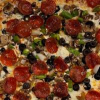 Combination Pizza · Red sauce, sausage, pepperoni, peppers, mushrooms, onions, Canadian bacon and olives.