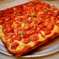 TOMATO PIE · A SQUARE FOCACCIA CRUST TOPPED WITH DICED MARINATED TOMATO, FRESH BASIL,FRESH GARLIC AND OLI...