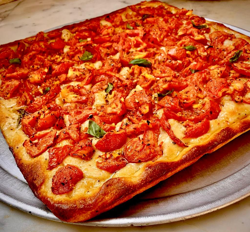 TOMATO PIE · A SQUARE FOCACCIA CRUST TOPPED WITH DICED MARINATED TOMATO, FRESH BASIL,FRESH GARLIC AND OLIVE OIL ( NO CHEESE )