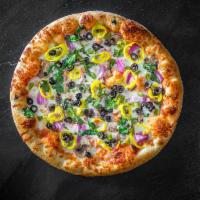  Veggie Pizza · Tomato sauce, mozzarella, fresh mushrooms, green peppers, red onion, black olives, mild pepp...