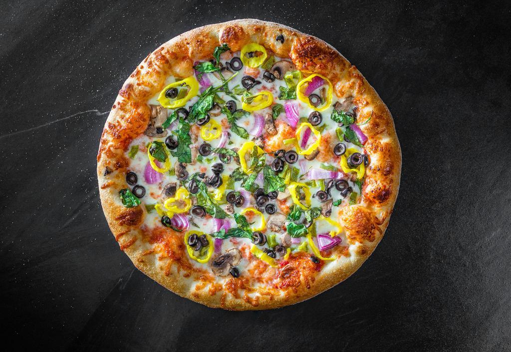  Veggie Pizza · Tomato sauce, mozzarella, fresh mushrooms, green peppers, red onion, black olives, mild peppers and spinach.