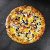 Mediterranean Pizza · Mozzarella, grilled chicken, red onion, sliced tomato, mild pepper rings, black olives, feta...
