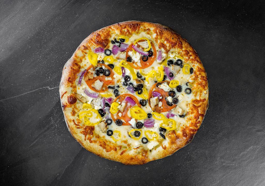 Mediterranean Pizza · Mozzarella, grilled chicken, red onion, sliced tomato, mild pepper rings, black olives, feta, chopped garlic. No sauce.