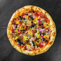 Saroki Special Pizza · Tomato sauce, mozzarella, pepperoni, Italian sausage, bacon, ham, fresh mushrooms, green pep...