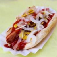 Cheese Dog · 100% beef dog served on a grilled bun with cheese, mustard, ketchup, and  onion.