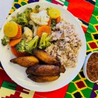 Vegan Plate  · served with  steam mixed vegetables, rice and beans, plantains and spicy  home made MaShalla...
