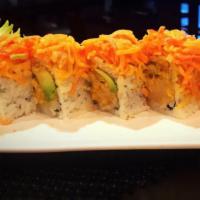 R29. Love Austin Roll · Spicy scallop, jalapeno, tempura flakes and avocado inside topped with spicy kani. Spicy. Raw.