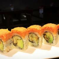 R35. Volcano Roll · Tempura shrimp, avocado inside and topped with spicy tuna. Spicy. Raw.