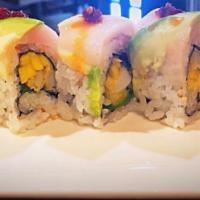 R36. Spicy Beauty Roll · Fried calamari, jalapeno, mango topped with super white tuna, yellowtail, avocado and Asian ...