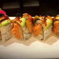 R46. Precious Roll · Spicy tuna, tempura flakes inside, topped with eel, avocado and eel sauce. Spicy. Raw.