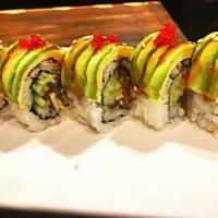 R51. Green Dragon Roll · Eel, cucumber inside, topped with avocado and eel sauce. Cooked.