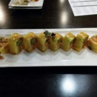 R52. Crabby Day Roll · Tempura soft shell crab, spicy kani, avocado, jalapeno inside, wrapped with soybean paper an...