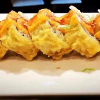 R55. Dynamite Roll · Deep fried salmon, cream cheese and crispy peanuts with special sauce. Spicy. Cooked.