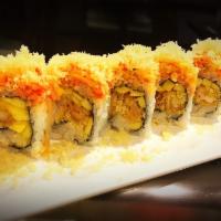 R56. Rainforest Roll · Tempura shrimp, mango inside, topped with spicy kani and tempura flakes. Spicy. Cooked.