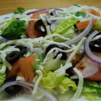 Dinner Salad · Romaine lettuce, tomatoes, red onions, black olives, and mozzarella.