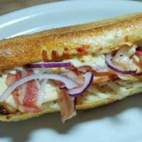 Chicken and Bacon Sandwich · Ranch sauce, sliced chicken breast, bacon, red onions, and mozzarella. With French roll.