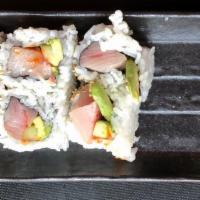 Spicy Yellowtail Roll · yellowtail roll with spicy sauce avocado and cucumber.