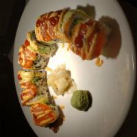 House Roll · Crab, avocado, cucumber, tempura shrimp, salmon and avocado with spicy mayo with sriracha.