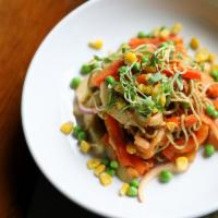 Soba Noodle Salad · Green tea soba noodles, cucumbers, red onions, bell peppers, house-made vegan kimchi, corn, ...