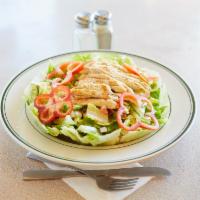 Mediterranean Chicken Salad · Fresh romaine lettuce, tomato, red bell pepper, red onion, artichokes and cucumber. All toss...