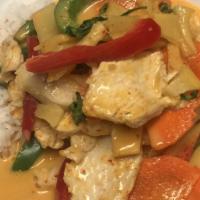 C1. Small Red Curry and Bamboo Shoot · Served on rice. With basil, green pepper and carrot. Spicy.