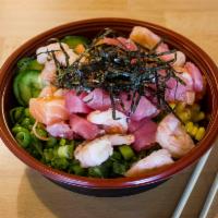 2. Sea Breeze Bowl · Tuna, salmon, shrimp, cucumber, cherry tomato, sweet corn, edamame, green onion, crab meat s...