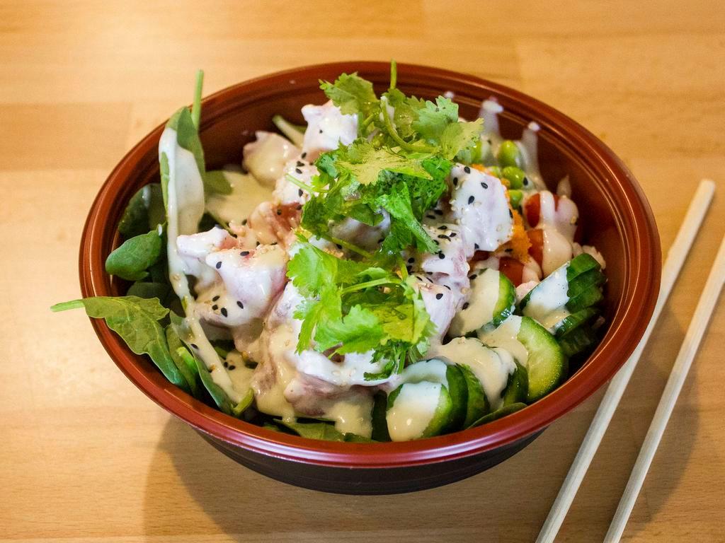 5. Wasabi Ahi Tuna Bowl · 2 scoops of tuna, spinach, cucumber, cherry tomato, edamame, masago, cilantro, in wasabi aioli sauce and topped with sesame seed.