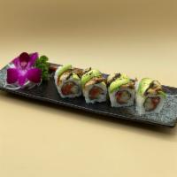Jenna Roll · 8 pieces. Spicy tuna, shrimp tempura, cucumber topped with fresh water eel, avocado and eel ...