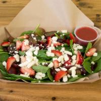 Strawberry Spinach Salad · Baby spinach, cranberries, strawberries, red grapes and feta cheese served with raspberry vi...