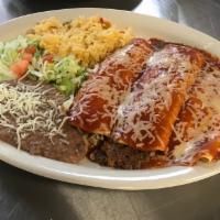 3 Enchilada Dinner · Served enchilada style with 1 beef enchilada, 1 chicken enchilada and 1 cheese enchilada. Se...