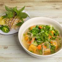 9D. Large Pho Vegetables Soup · Broccoli, bok- choy, snow pea, carrot with fried tofu.