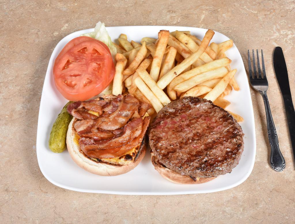 Bacon Cheeseburger Deluxe · Includes choice of side, lettuce and tomato.