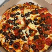 Cheese Pizza w/ two additional toppings · Cheese pizza with 2 additional toppings.