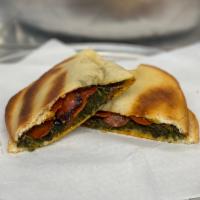 Spinach Pie with Pepperoni · Spinach pie (seasoned spinach w/black olives) & pepperoni ONLY