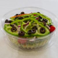 Garden Salad · Romaine and iceberg lettuce mix, cucumbers, green bell peppers, grape tomatoes, sliced red o...