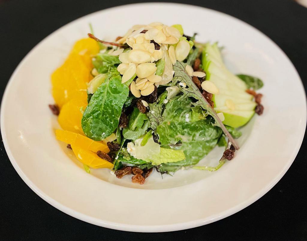 Market Orchard Salad · Mixed greens, green apples, sliced almonds, raisins and goat cheese tossed in a citrus vinaigrette.