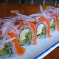 Alaska Philly Roll · In: cream cheese, cucumber and avocado. Out: smoked salmon, red onion, caper and wasabi sauce.
