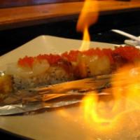 Burning Love Roll · In: spicy tuna and deep-fried shrimp. Out: unagi, spicy scallop, and fish roe.