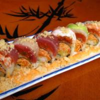 Double Spicy Rainbow Roll · In: spicy real crab and avocado. Out: spicy tuna, 7 kinds of fish, mix nuts and spicy mayo s...