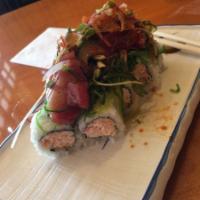 Out of Control Roll · In: real crab and deep fried shrimp. Out: spicy chopped tuna, seaweed salad and tobiko. Spicy.