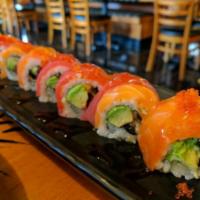 Pink Dragon Roll · In: unagi and avocado. Out: salmon, tuna, fish roe, tobiko and sweet sauce.
