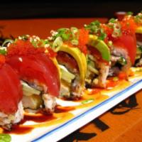 Soju Roll · In: deep-fried shrimp cream cheese, cucumber and spicy tuna. Out: tuna, avocado, tobiko and ...